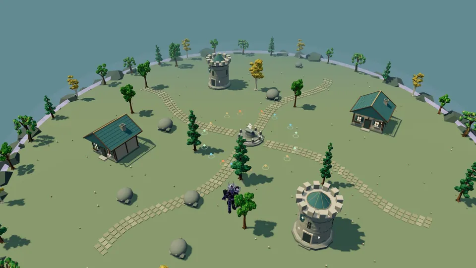 A village with towers, cottages and a forge
